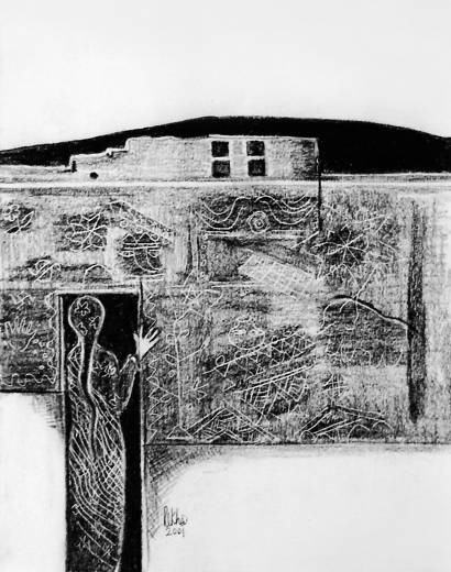 Human figure entering the doorway of a rural home decorated with Rajasthani motifs or pictographs