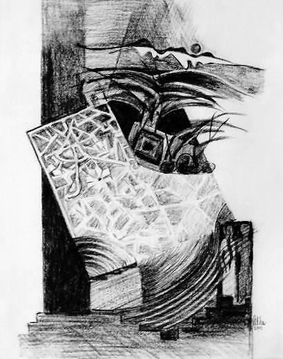 Abstract vertical drawing showing sunlight falling over trees and a pond