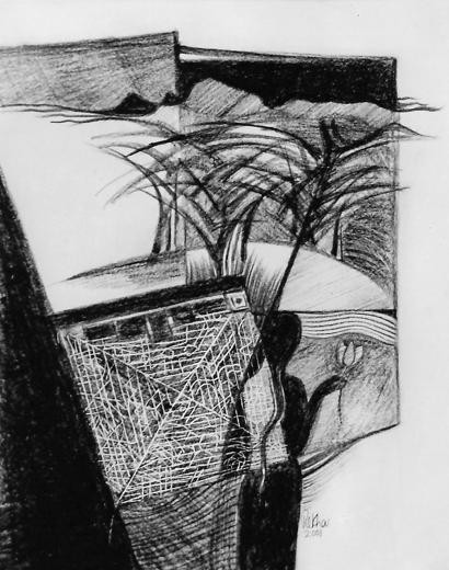 Human figure holding a lotus, surrounded by hills, trees and a pond