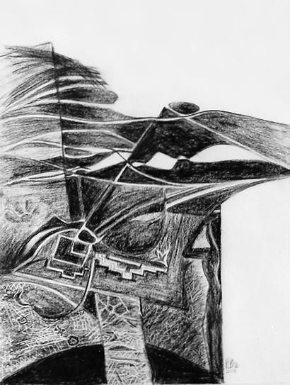 Abstract, sylised landscape of a scrub forest with hills in Rajasthan