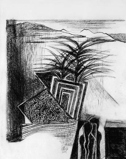 Human couple in a hilly landscape with lotus pond and shrubs in the middle