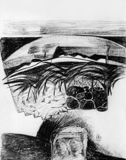 Abstract landscape composition depicting a dust storm with leaves falling over an engraved stone