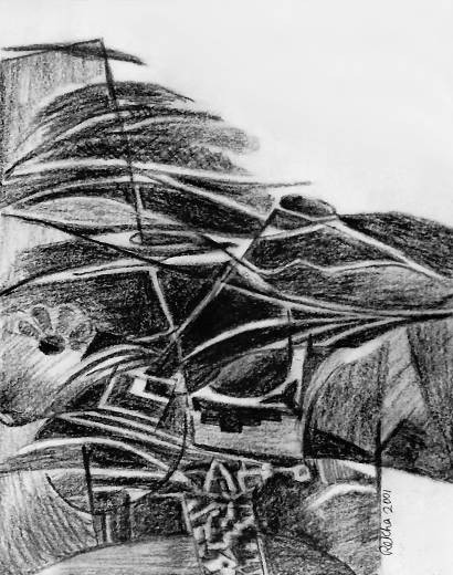 Abstract, stylised rendering of a forest with ponds, boulders and hills