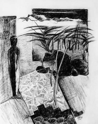 Human figure beside a pond in a scrub forest surrounded by hills