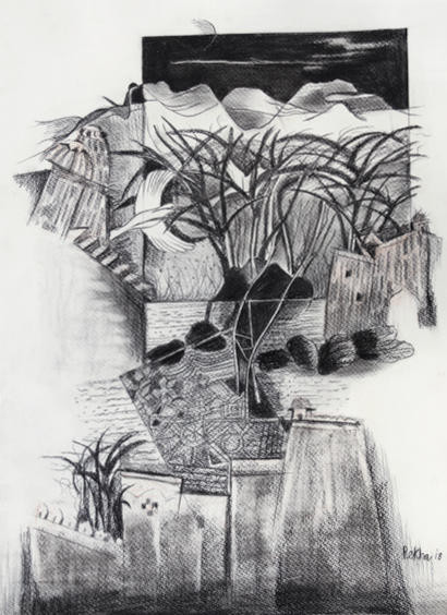 Detailed composition featuring birds flying over hilly countryside full of buildings and foliage