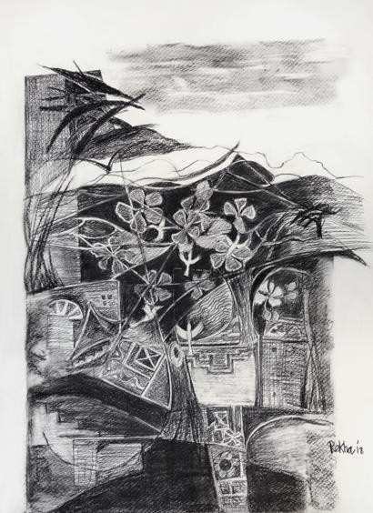 Detailed composition with birds flying over a rural landscape full of foliage and blooming flowers