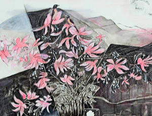 Painting in oil and oil pastels, of Rosy Starlings on 'Kair' or Capparis decidua flowers