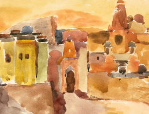 Impressionistic watercolour painting of a historical town in Rajasthan