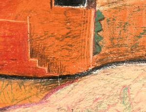 Abstract painting in oil pastels of rural huts, doors and fields