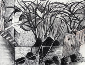 Charcoal drawing of birds flying over rural buildings and foliage