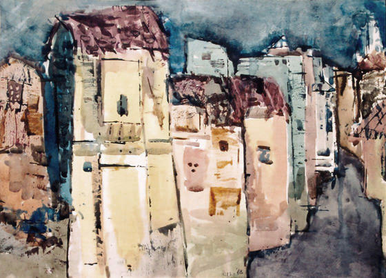 Painting of a rural street dominated by a cluster of small, multi-coloured huts, near Udaipur