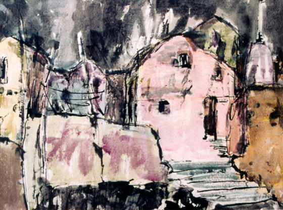 Expressive rendering of a cluster of pink and yellow huts, with strong black brush strokes