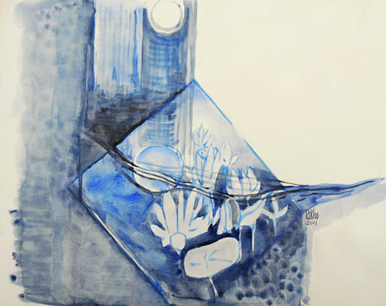 Monochromacic painting of reflection of the moon in a lotus pond, rendered in shades of blue colour