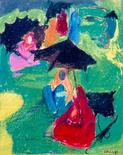 Composition of rural women shielded by umbrellas, sitting on the ground, selling fodder for cattle