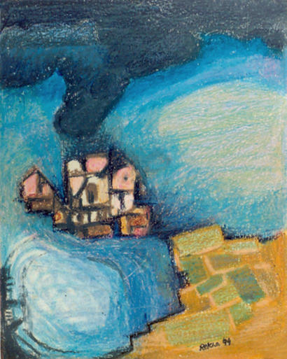 Landscape of a village hamlet between fields and ponds, with dark rain clouds hovering above