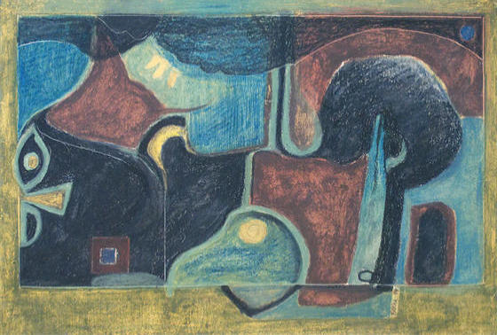 Colourful, abstract composition of a deep forest with eyes on one side, as if someone is watching