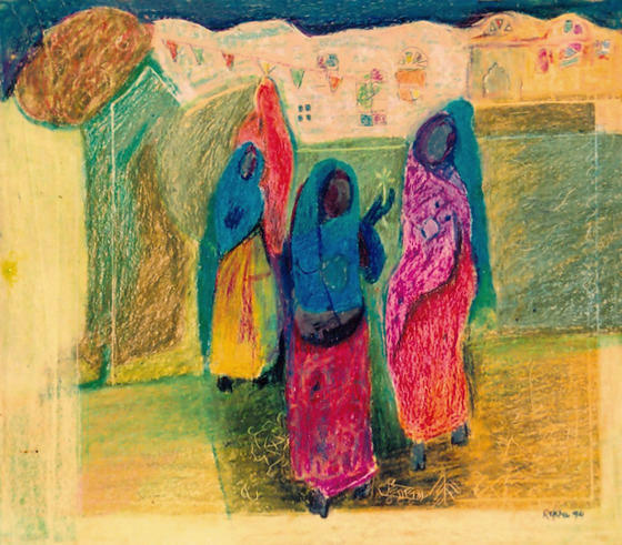 Rural women in dark complexion wearing colourful clothes, amidst fields and a wall with pictographs