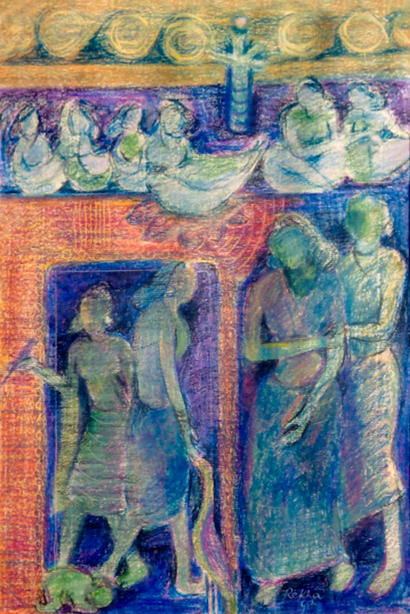 Strong, colourful composition showing women carved in stone
