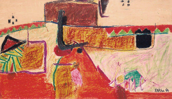 Abstract composition in saffron, orange and yellow, with contours depicting huts, fields and doors