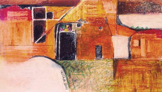 Composition in saffron, orange and yellow colours, with contours depicting huts, fields and doors
