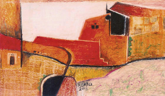 Composition of contours depicting huts, fields and doors, in saffron, orange and yellow colours