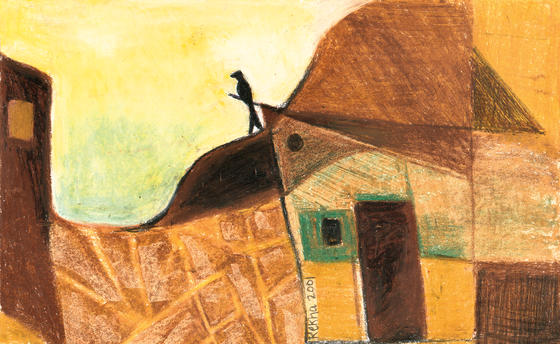 Composition in earth and brown colours, of a Black Drongo perched on rural huts (like a watchman)
