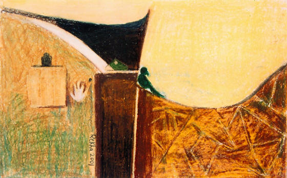 Composition in earth and brown colours, of a Parakeet on rural dwellings and a hand mark on the wall