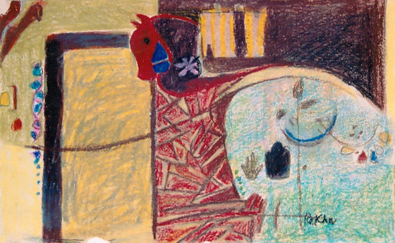 Composition in earth, Indian red and green colors, of a horse bracket on a door and some pictographs