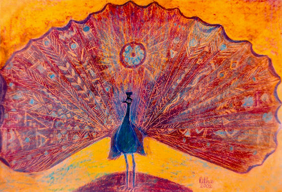 A dancing Peacock in yellow ochre, Indian red and blue, with Rajasthani pictographs on its feathers