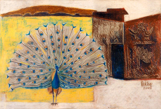 Indian Peafowl dancing amidst rural huts decorated with 'Mandanas' or traditional pictographs