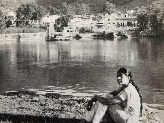 Old, sepia-toned photograph of Rekha Bhatnagar resting at Chota Talaab, Bundi, 1968